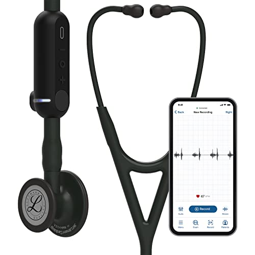 A digital stethoscope paired with a mobile app displaying a recorded heart-rhythm trace — an example of software-enabled medical device technology