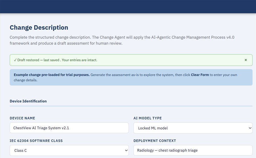 AIaCMP Change Description screen for an AI-enabled medical device change assessment